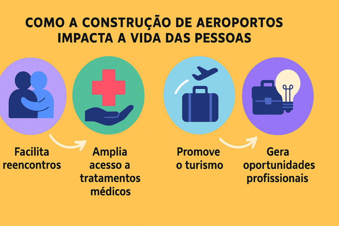 Infografía mostrando cuatro impactos de la construcción de aeropuertos en la vida de las personas: facilita reencontrarse, amplía el acceso a tratamientos médicos, promueve el turismo y genera oportunidades profesionales.