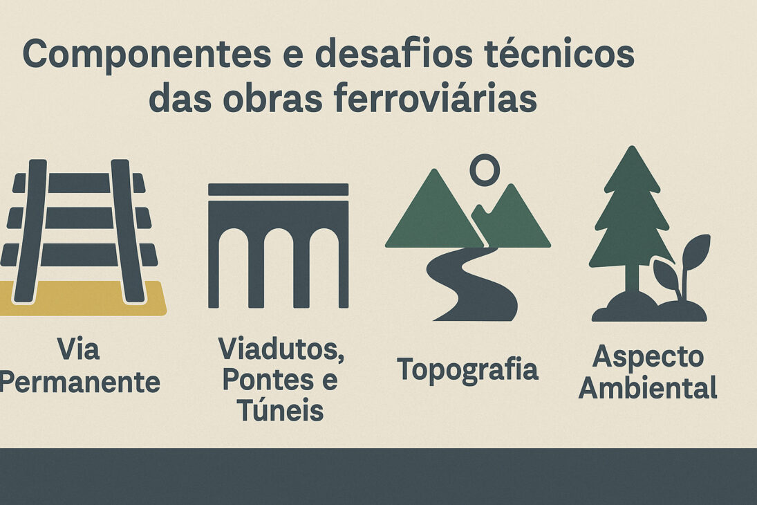 Infográfico ilustrando los componentes y desafíos técnicos de las obras ferroviarias, incluyendo vía permanente, viaductos, puentes, túneles, topografía y aspectos ambientales.