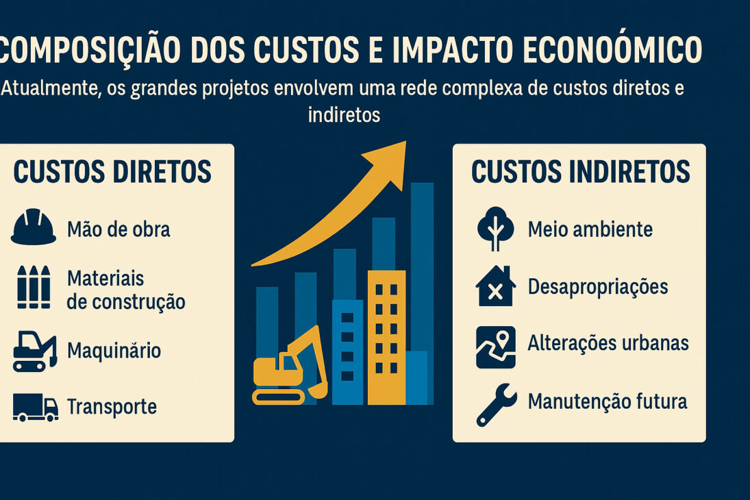 Infografía que muestra la composición de los costos de grandes obras dividido en costos directos e indirectos, con íconos representando cada categoría sobre fondo azul.