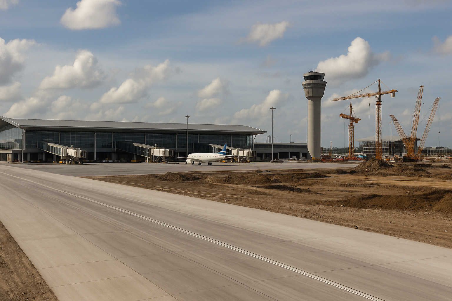 Construção de aeroporto com terminal moderno, avião estacionado e guindastes em atividade ao fundo.