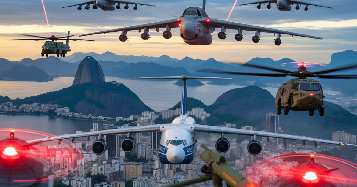 Frota aérea de elite sobrevoa o Rio durante o Brics 2025 com caças, mísseis e aviões presidenciais em operação de segurança histórica. (Imagem: Reprodução/IA)