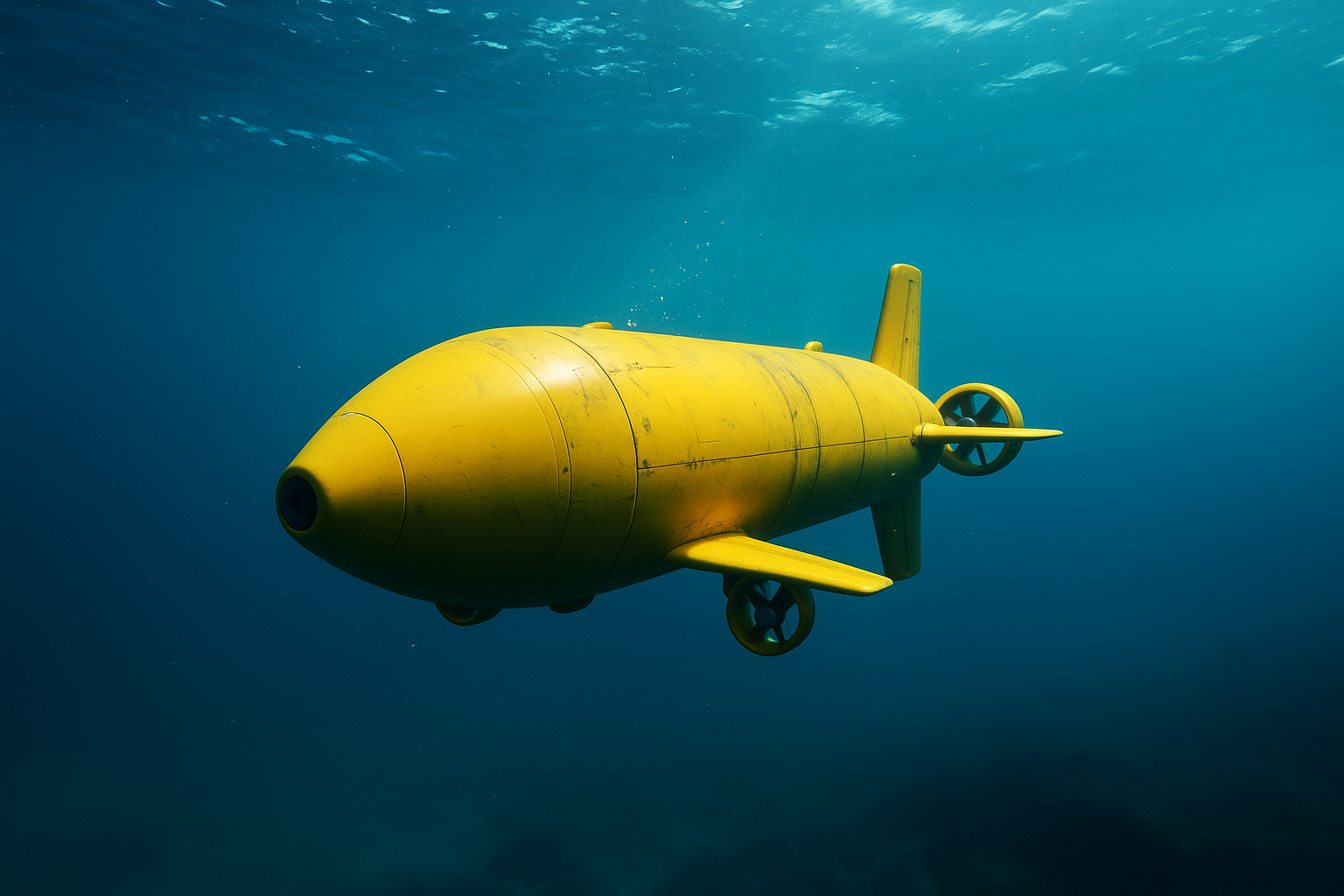 Drone submerso autônomo amarelo navega em águas profundas representando narcossubmarinos usados para tráfico internacional de drogas em 2025.