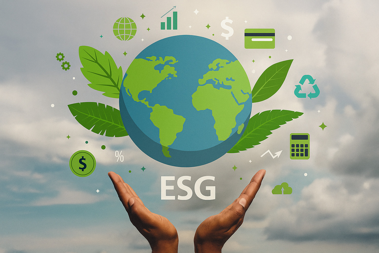 Ilustração realista de mãos segurando o planeta Terra com ícones representando os pilares ESG
