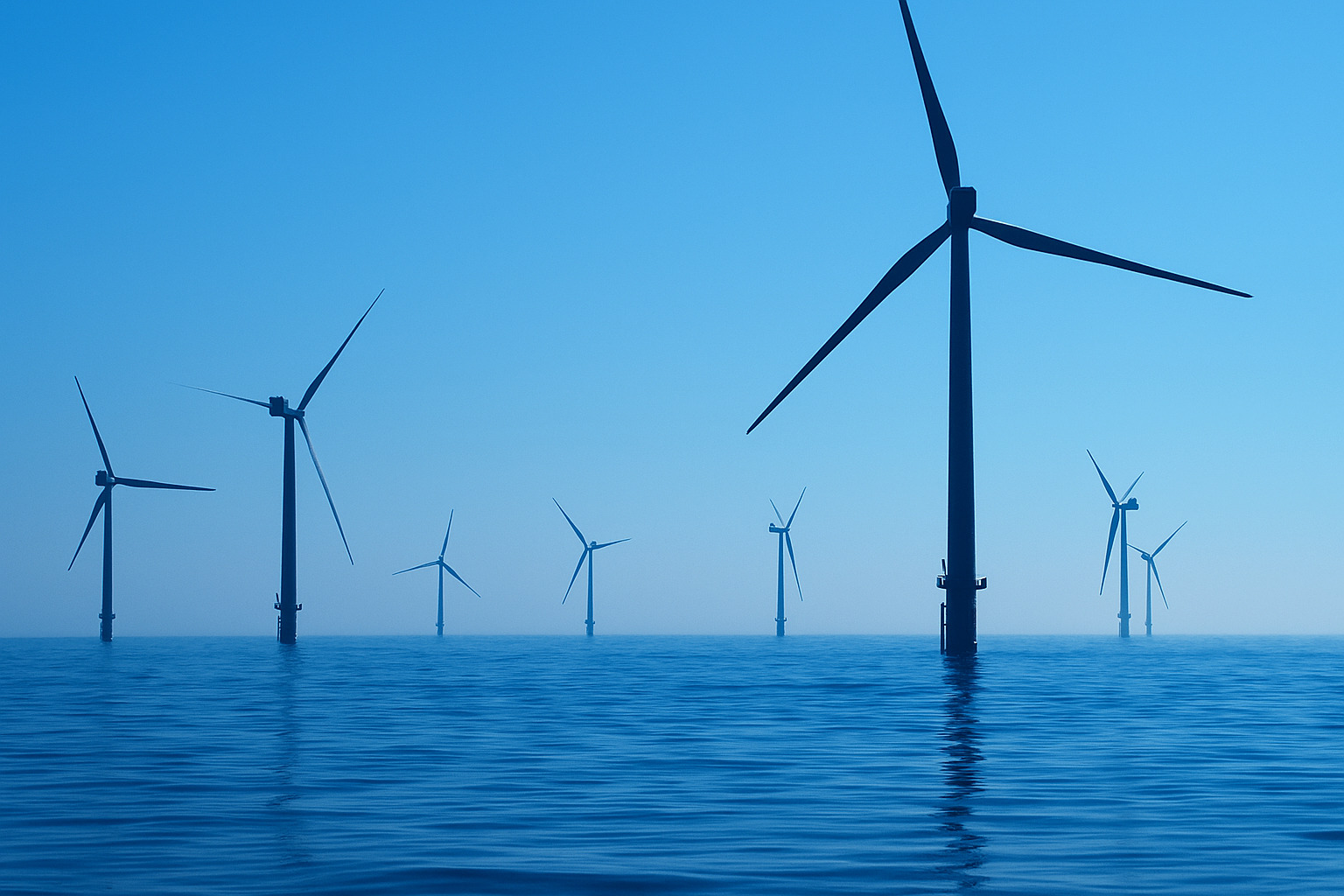 Parques eólicos offshore com céu limpo ao meio-dia