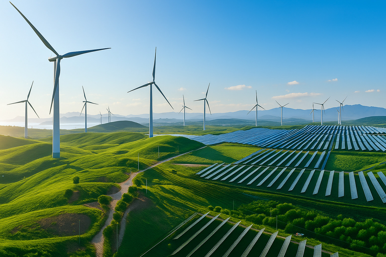 Campo com turbinas eólicas e painéis solares em um dia ensolarado com céu azul e poucas nuvens.