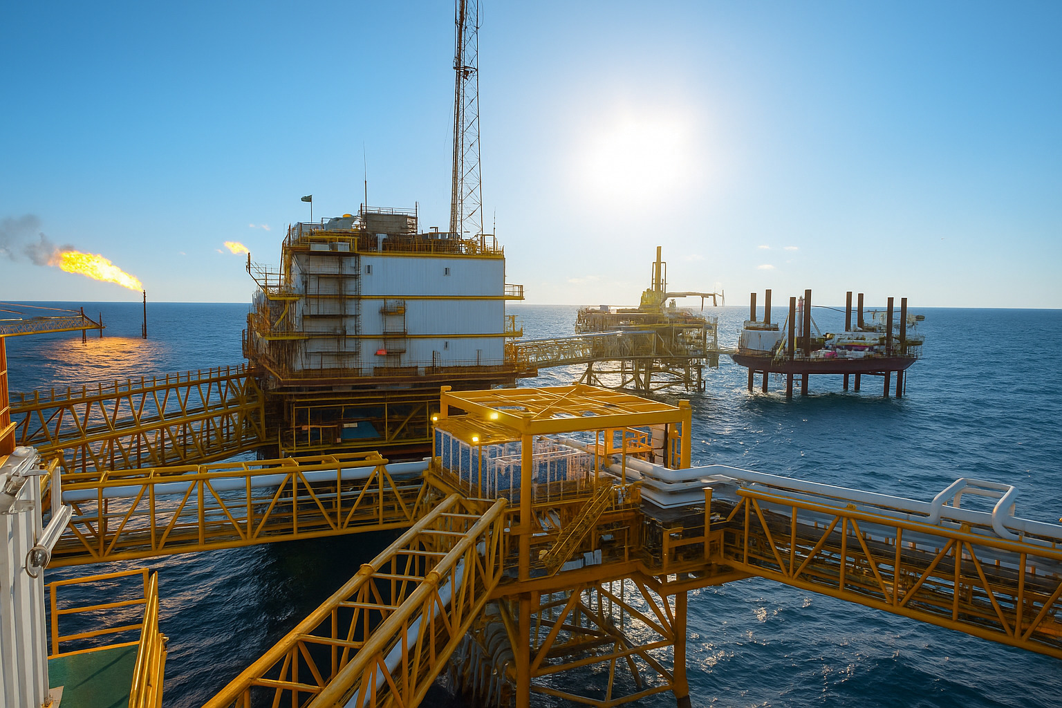 Plataforma offshore com céu azul e poucas nuvens em um dia ensolarado.