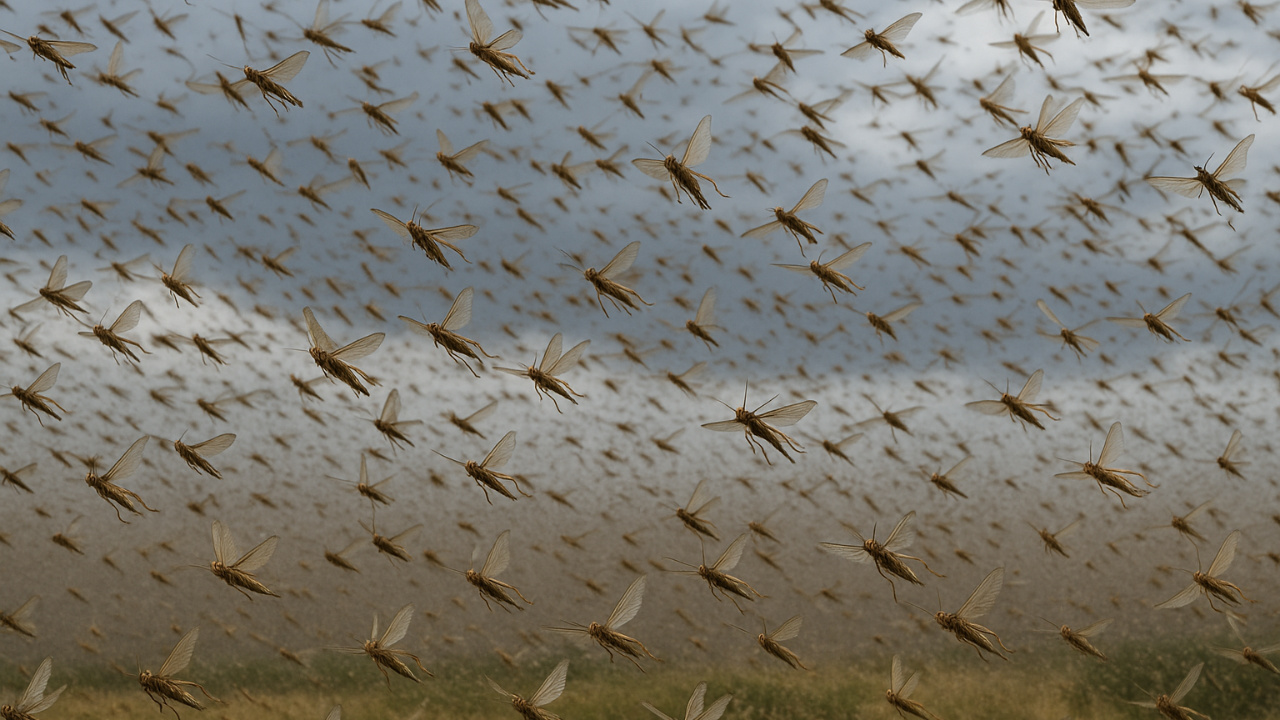 Gafanhotos colocam em risco a produção agropecuária brasileira. Entenda como o manejo integrado com controle biológico, cultural e químico pode proteger lavouras contra infestações severas. Fonte: gerado por Inteligência Artificial