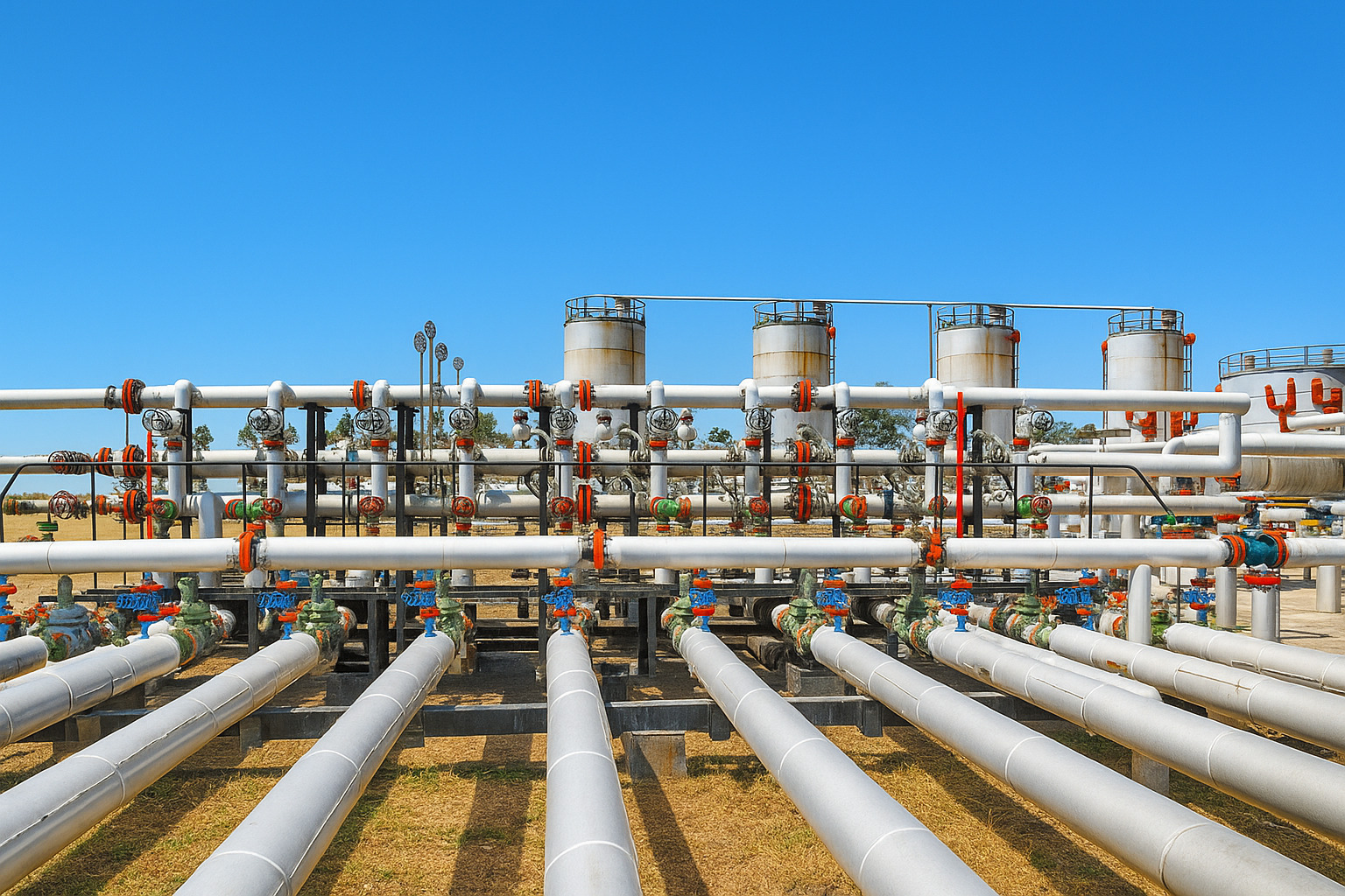 Estrutura de dutos industriais com céu limpo e iluminação intensa