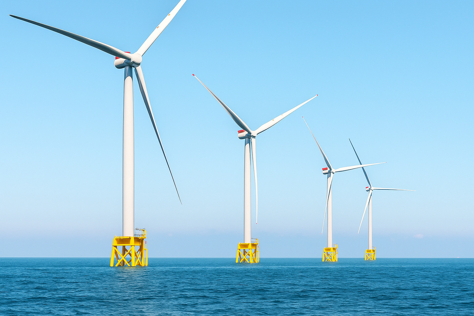 Turbinas eólicas offshore operando em mar calmo sob céu limpo com poucas nuvens.