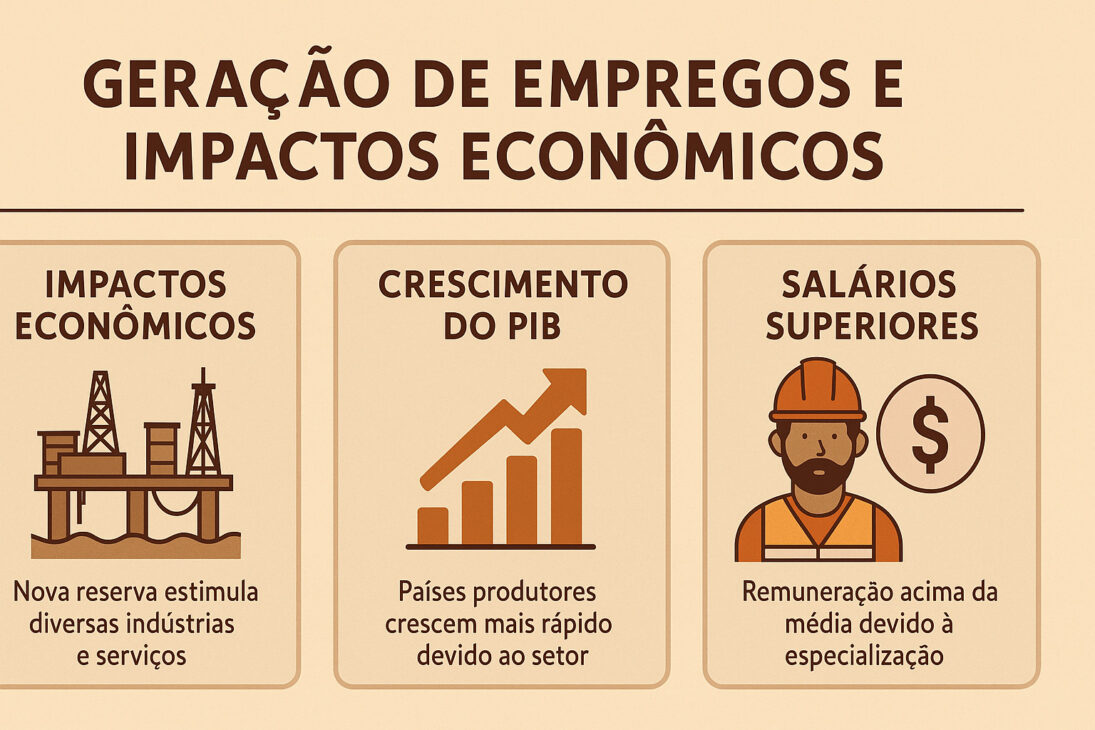 Infografía ilustrada mostrando los impactos económicos del sector de petróleo y gas, con íconos de plataformas, gráfico de crecimiento y trabajador especializado.