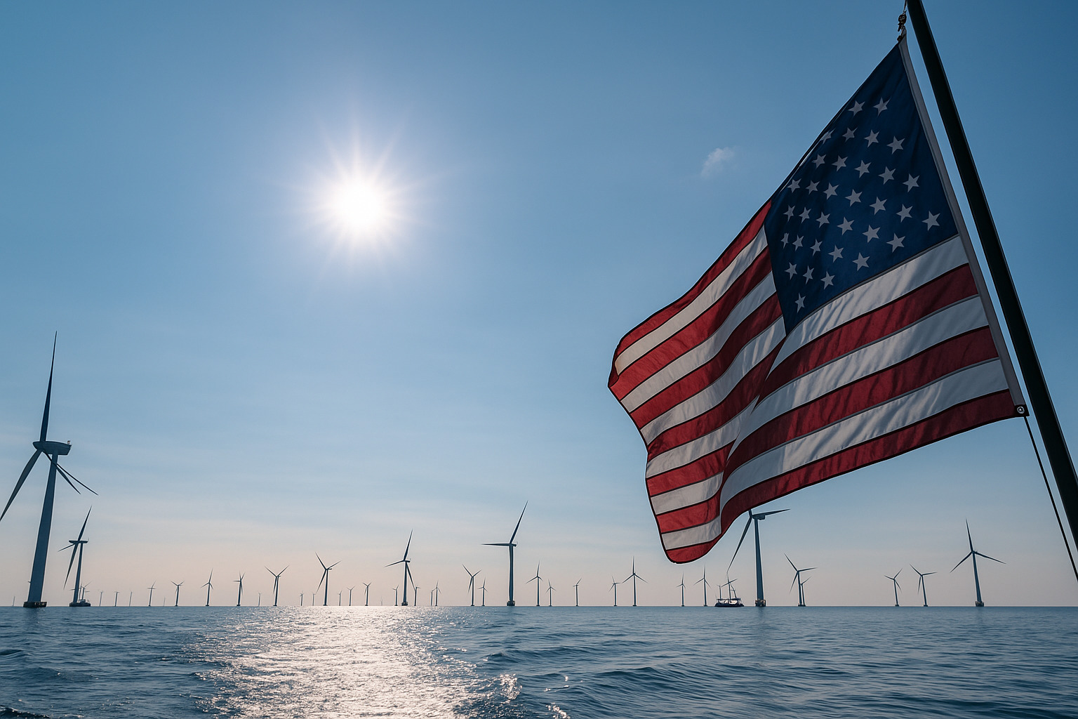 Céu limpo com nuvens sobre turbinas eólicas offshore em mar calmo ao meio-dia