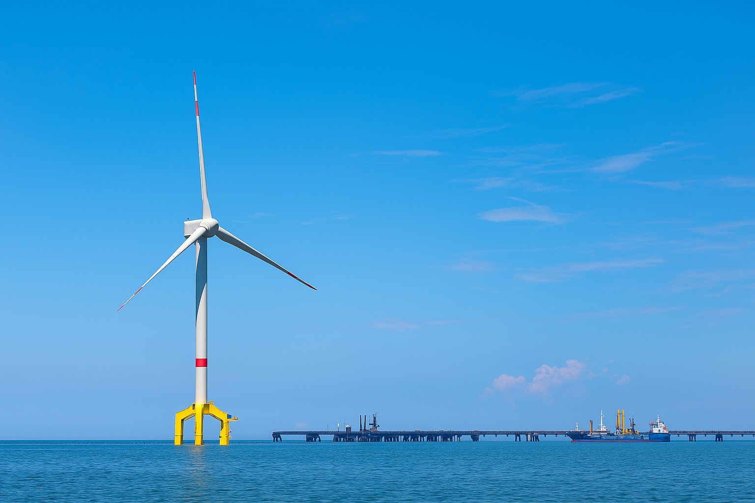 Aerogerador offshore com céu azul parcialmente nublado ao fundo.