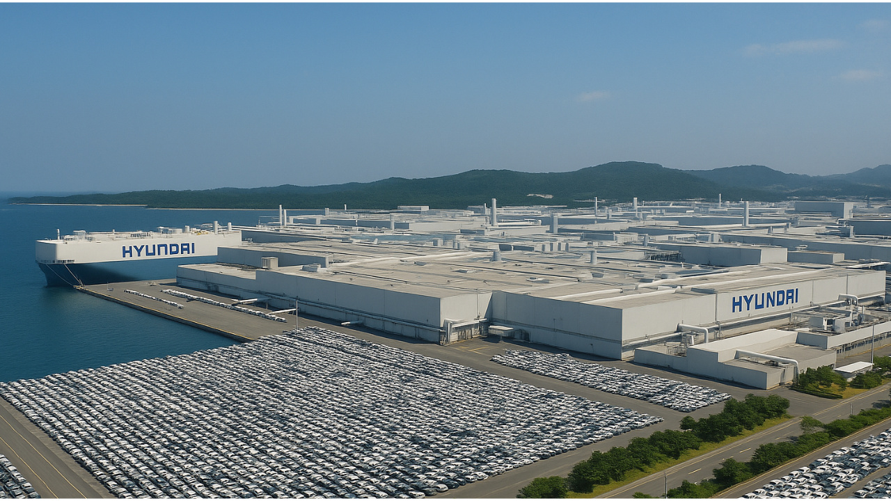 Com estrutura integrada e navio próprio, a fábrica da Hyundai em Ulsan é a maior do mundo e produz 1,5 milhão de carros por ano, exportando para cerca de 200 países. Fonte: gerado por Inteligência Artificial