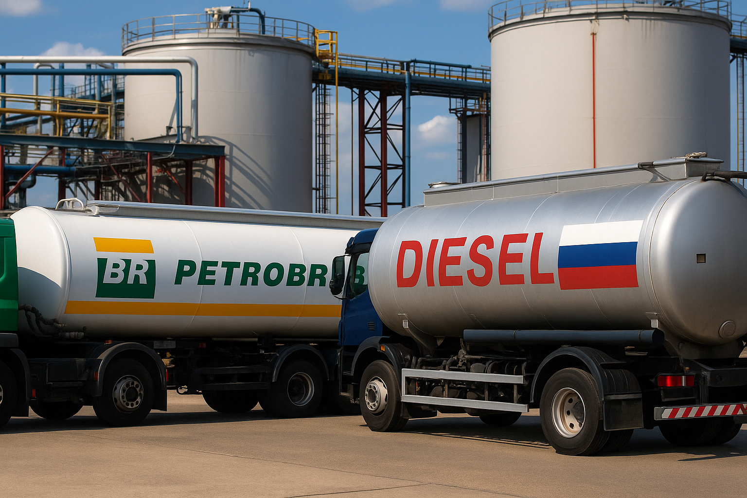 Caminhões-tanque da Petrobras e da Rússia em terminal de combustível
