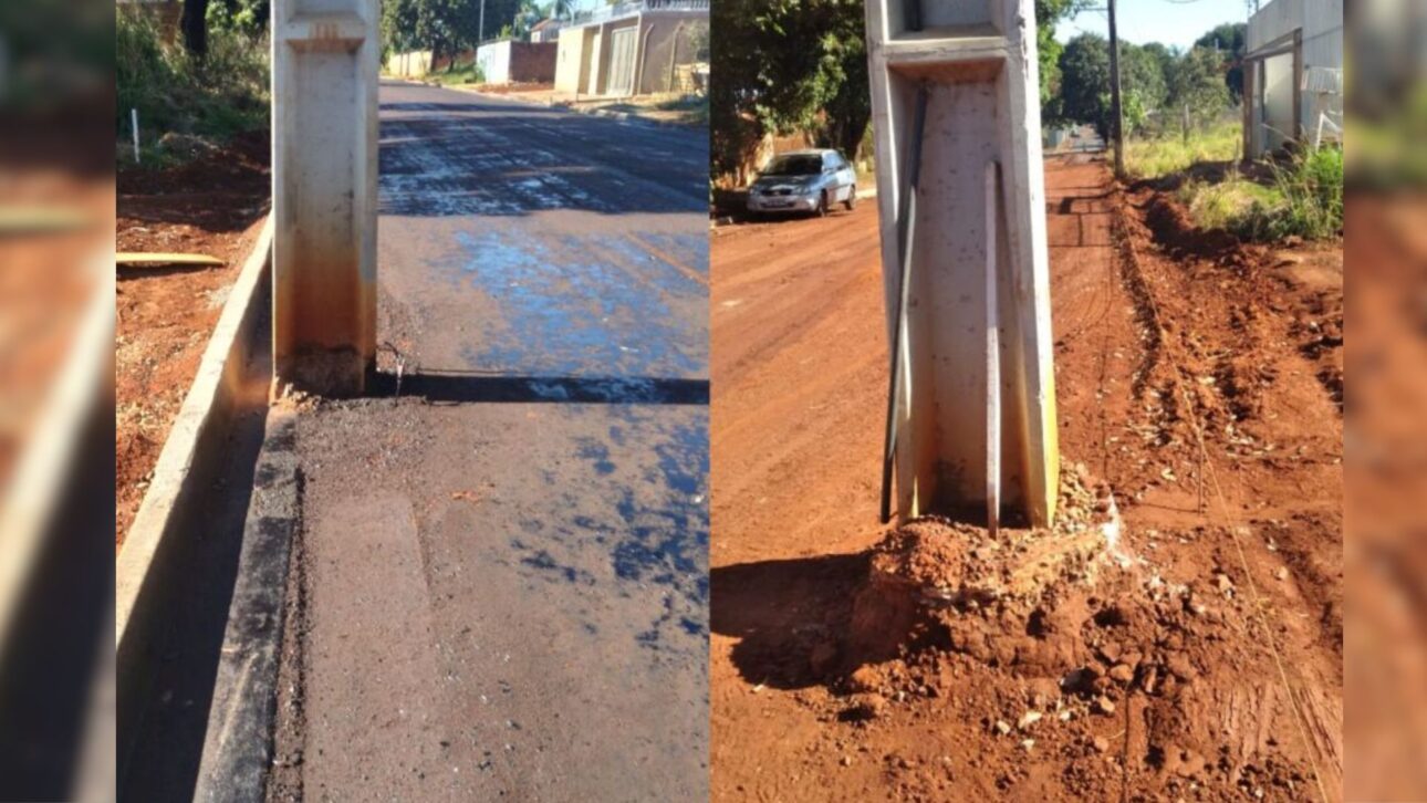 El poste en medio de la calle causa caos en el tránsito en Campo Grande, expone fallas en obras de asfalto y preocupa a los residentes de Vila Vilas Boas.