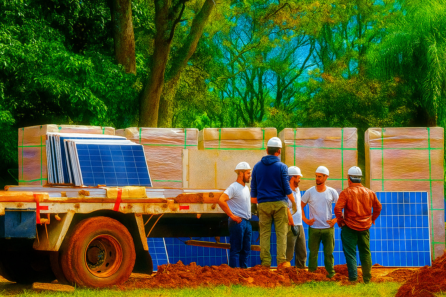 Trabalhadores com capacete inspecionam placas solares ao lado de caminhão em obra ao ar livre com vegetação ao fundo.