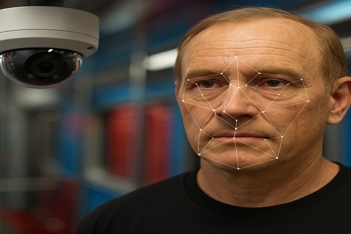 Homem com máscara realista de silicone sendo escaneado por câmera com reconhecimento facial em ambiente urbano