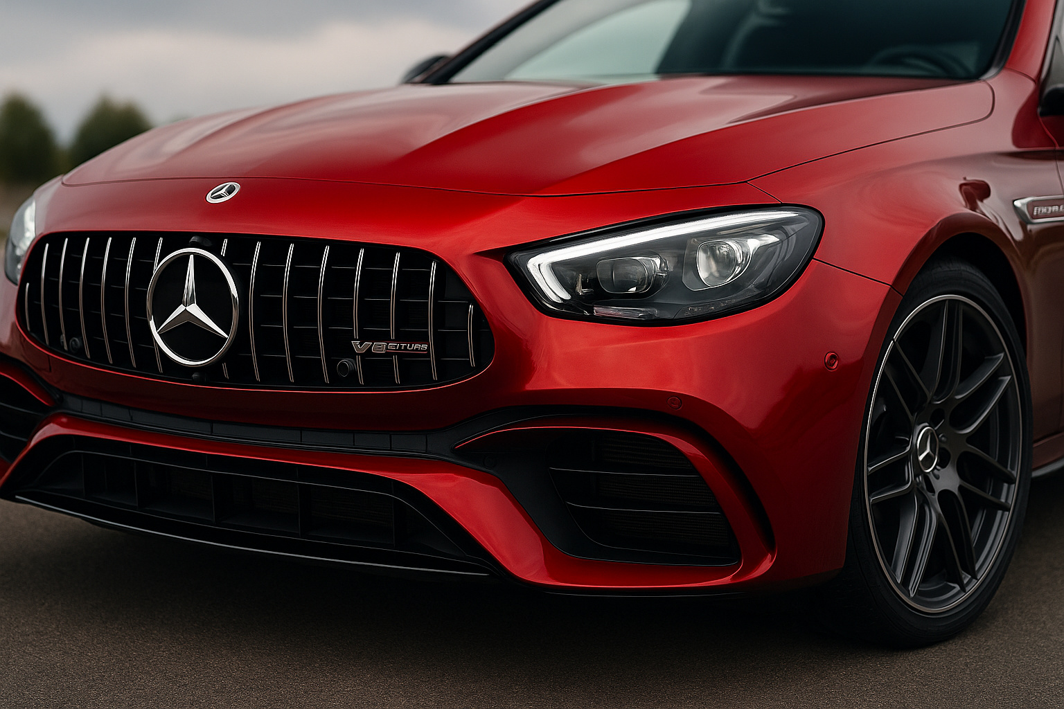 Detalhe frontal de um Mercedes-AMG V8 Biturbo vermelho simbolizando o retorno dos motores potentes e a nova estratégia da AMG para 2025.