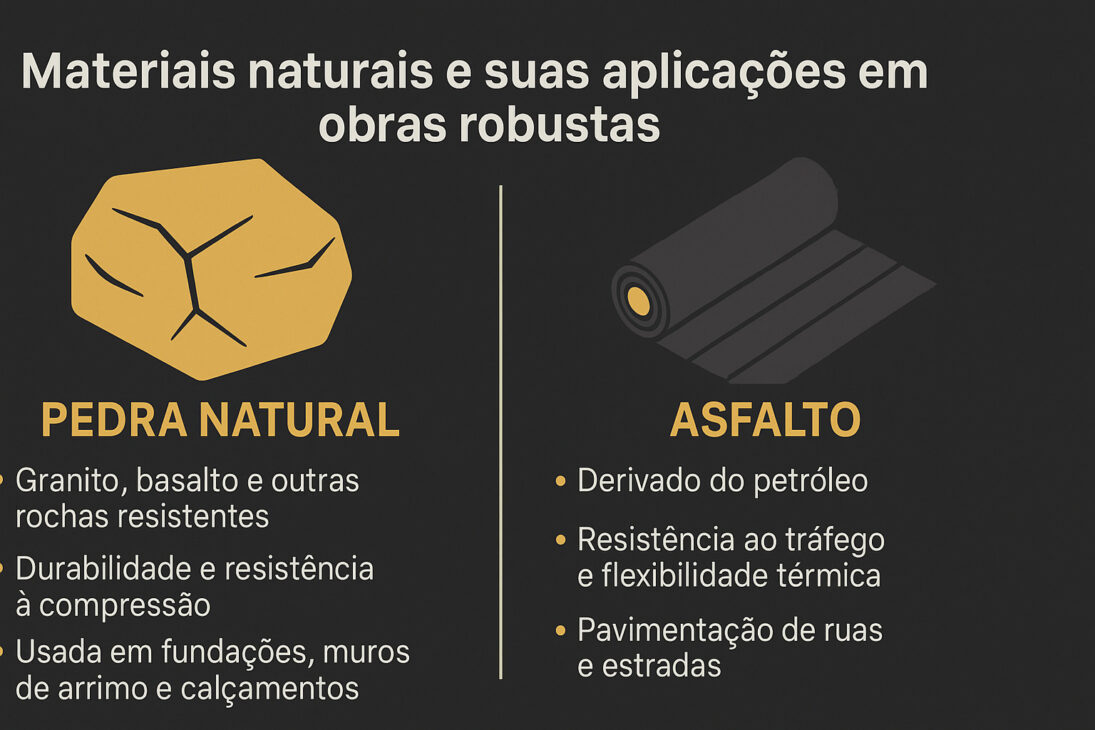 Infografía comparando el uso de la piedra natural y del asfalto en obras robustas, con íconos representando cada material y sus principales atributos.