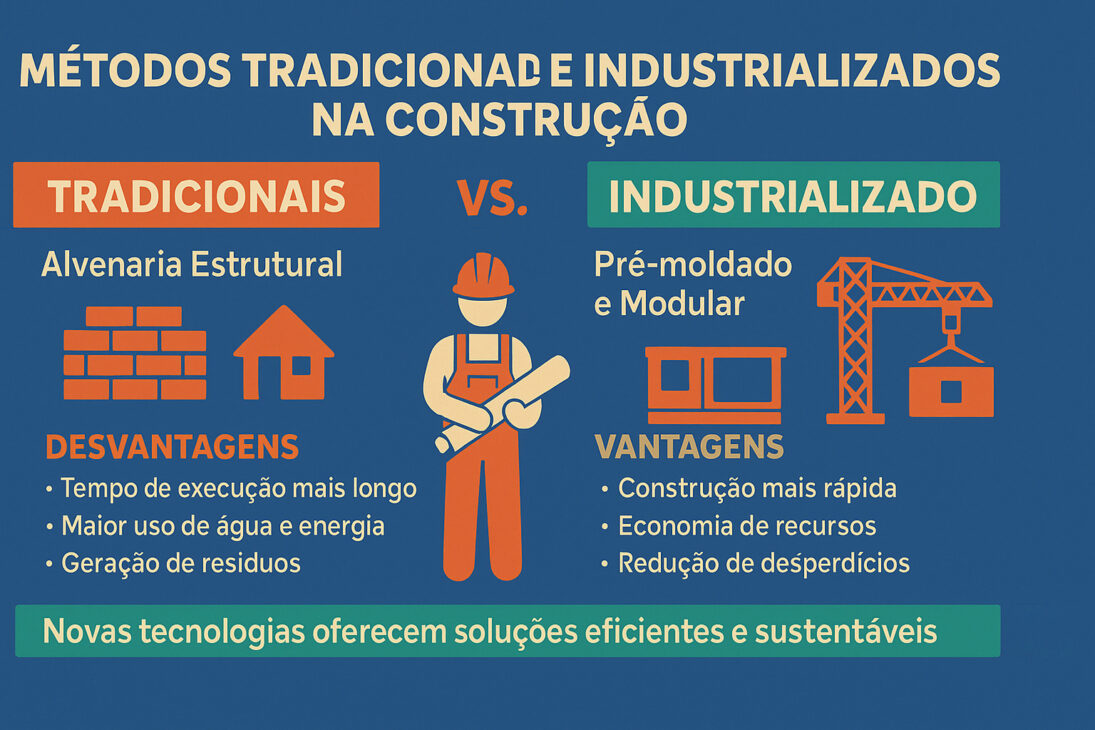 Infografía comparando métodos tradicionales e industrializados en la construcción civil, con ilustraciones de albañilería estructural y construcción modular, destacando ventajas y desventajas.