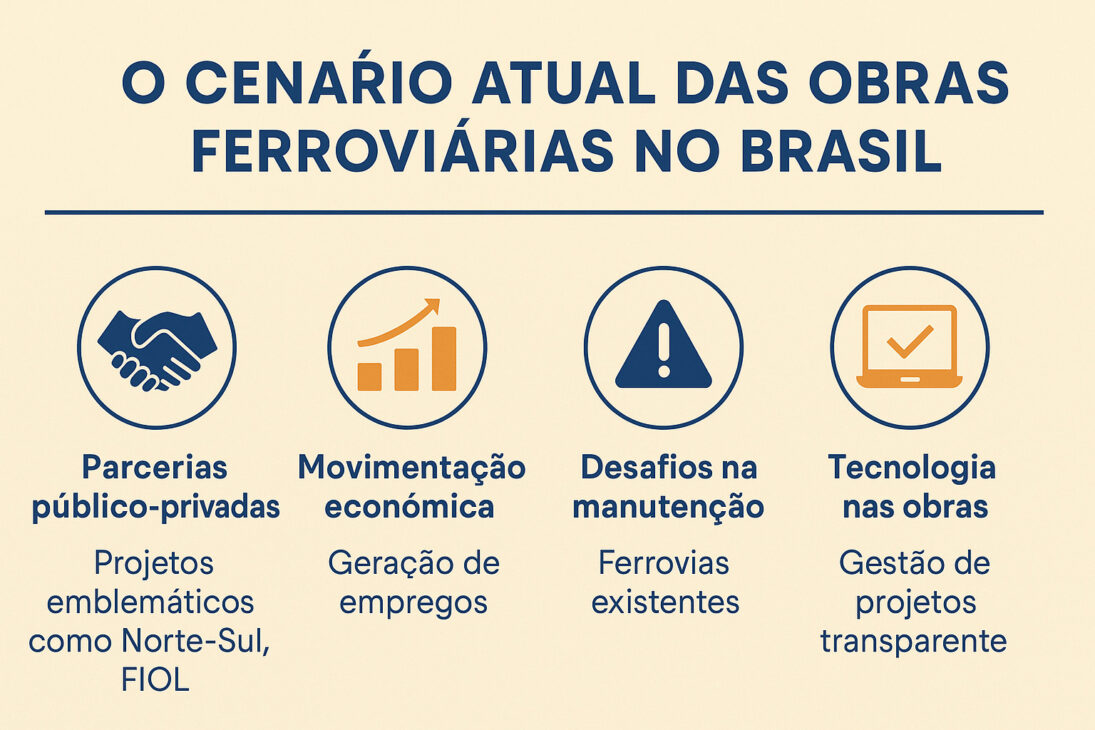 Infográfico ilustrando el escenario actual de las obras ferroviarias en Brasil, destacando asociaciones público-privadas, movimiento económico, desafíos en el mantenimiento y uso de tecnología.