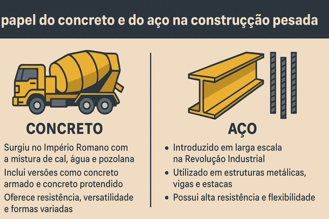 Infografía ilustrando el papel del concreto y del acero en la construcción pesada, con íconos de camión mezclador y vigas metálicas, destacando sus características y aplicaciones.