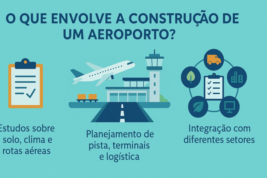 Infografía ilustrando los principales elementos involucrados en la construcción de un aeropuerto: estudios sobre suelo, clima y rutas aéreas; planificación de pista, terminales y logística; e integración con diferentes sectores.