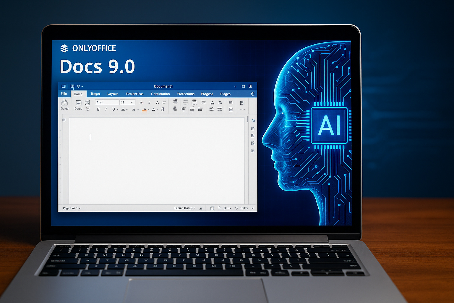 Laptop exibindo ONLYOFFICE Docs 9.0 com interface de edição e elemento de inteligência artificial em destaque