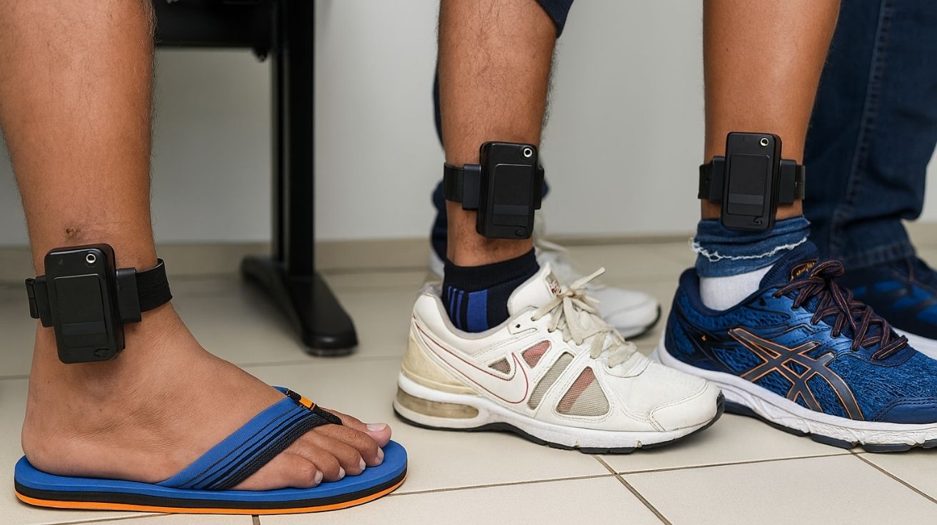 Imagem em alta qualidade mostrando três pessoas com tornozeleira eletrônica moderna no tornozelo, uma com chinelo, outra com tênis branco e outra com tênis azul, destacando o sistema de monitoramento eletrônico em ambiente controlado.