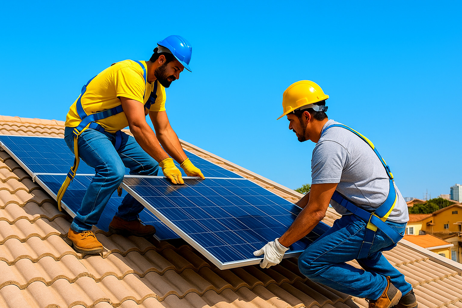 Técnicos instalando painéis solares em telhado industrial sob céu limpo