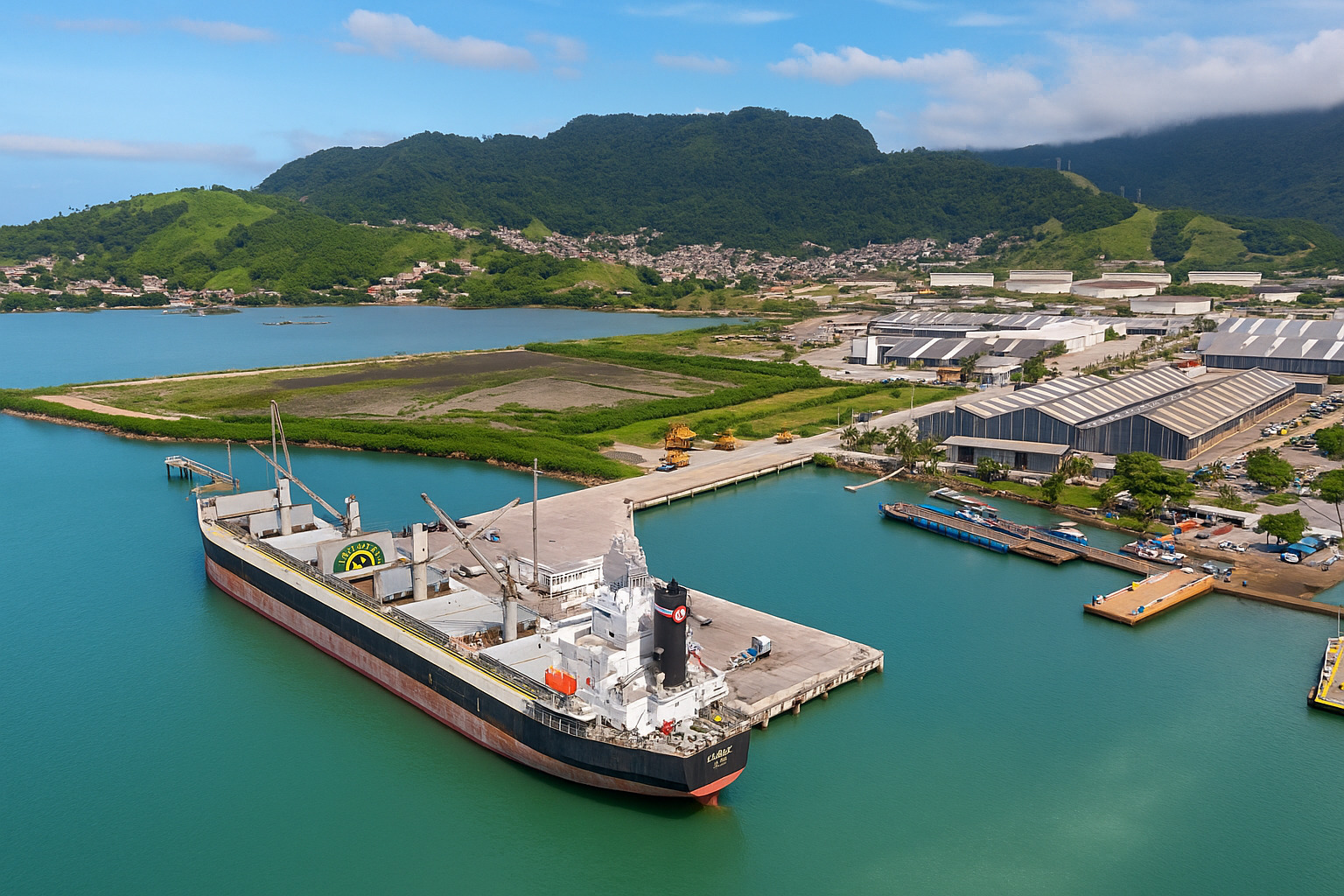 Fotografia aérea de navio atracado em porto industrial cercado por montanhas verdes e céu parcialmente nublado
