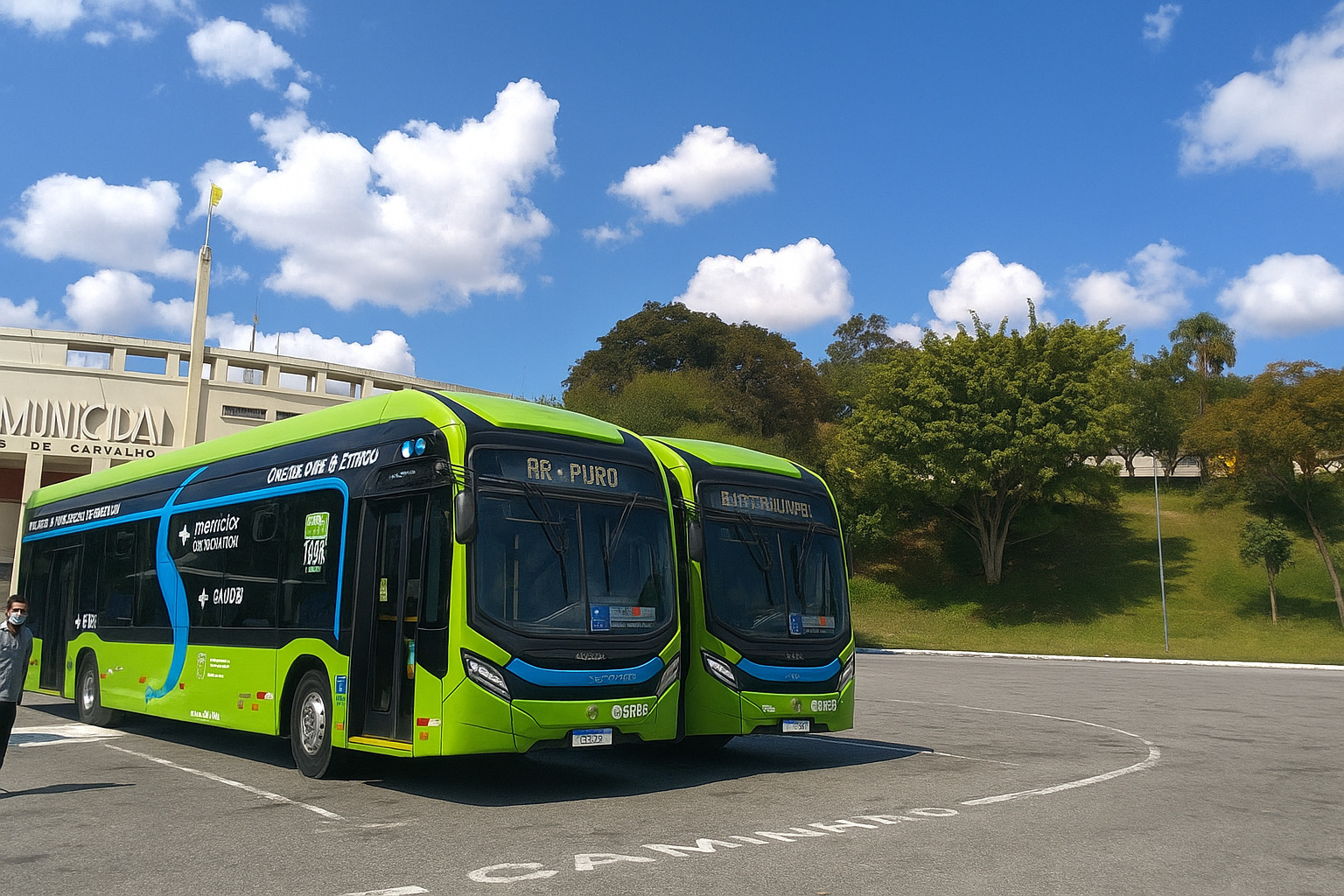 Ônibus verdes estacionados lado a lado sob um céu com nuvens realistas.