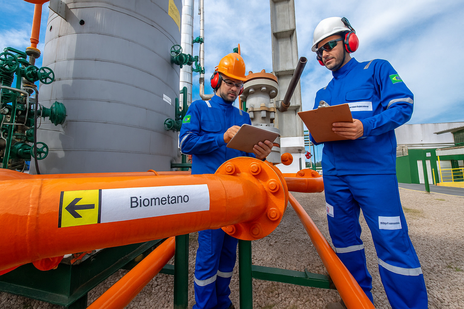 Dois profissionais inspecionam instalação industrial de biometano com dutos laranja e tanques metálicos ao fundo.