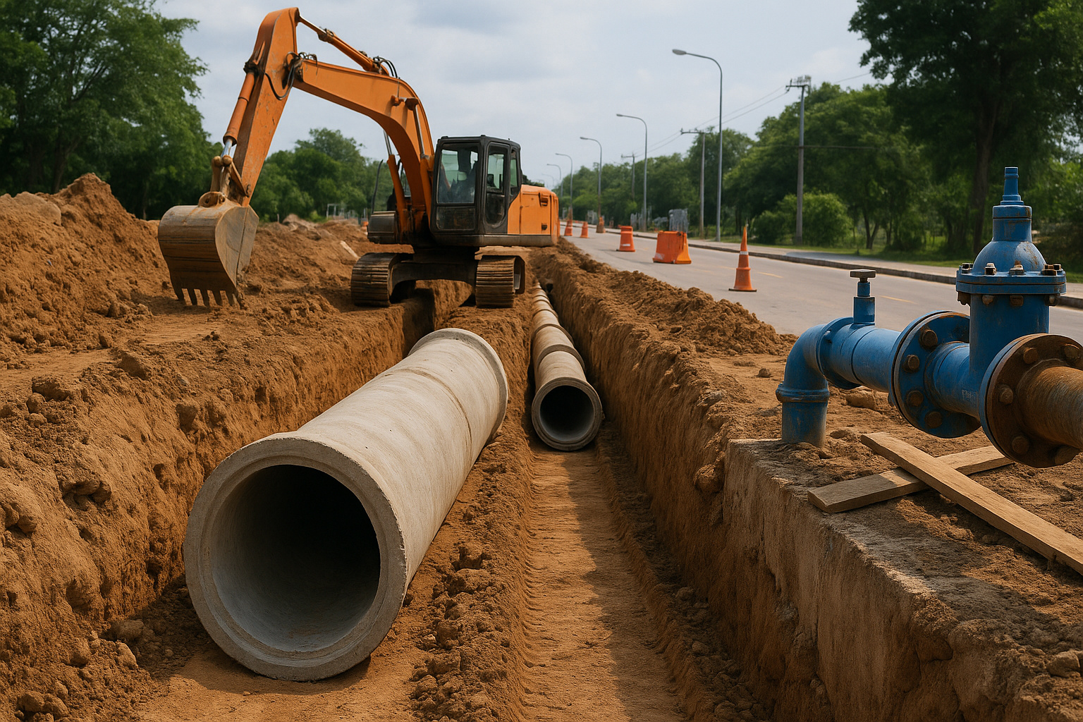 Obra de saneamento básico com escavação de valas e instalação de tubulação de esgoto em área urbana.