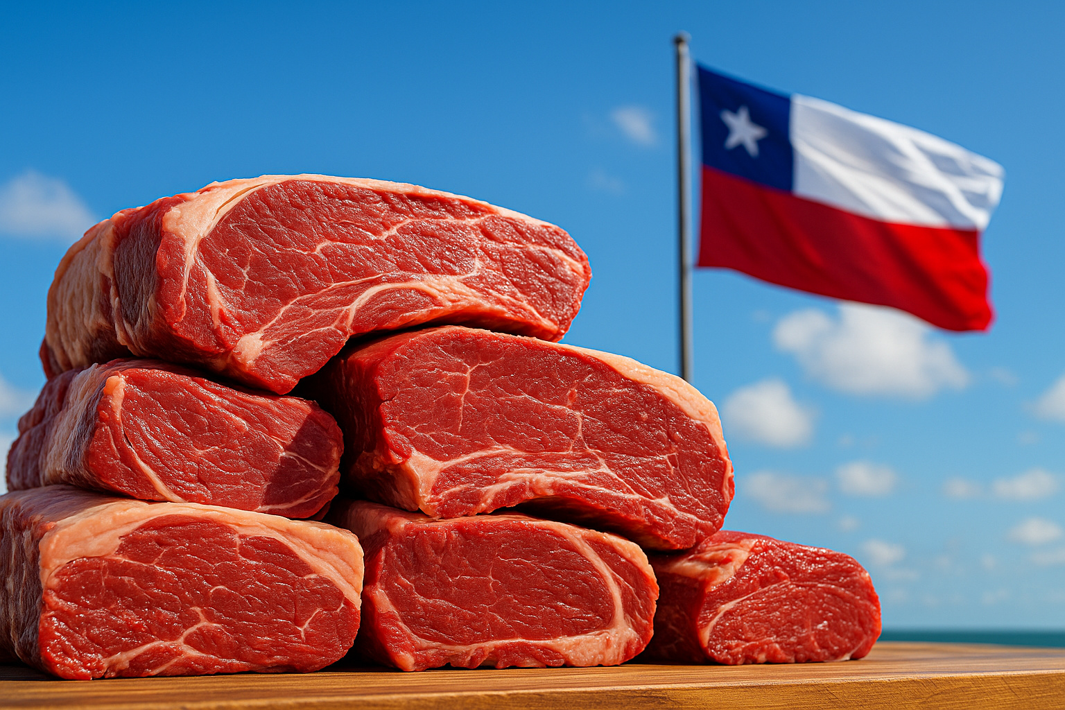 Cortes de carne bovina frescos com bandeira do Chile ao fundo em céu azul
