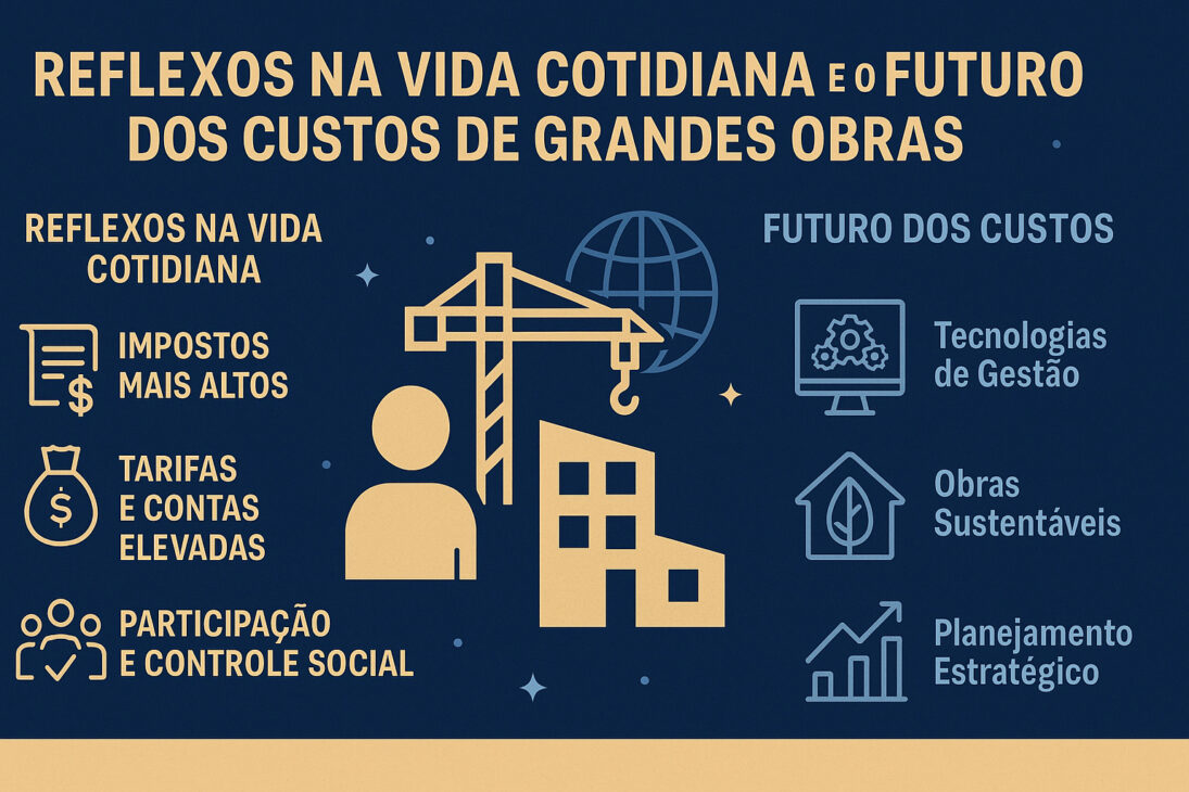 Infografía que ilustra los reflejos de los costos de grandes obras en la vida cotidiana y las perspectivas futuras, con íconos de impuestos, tecnología y planificación sobre fondo azul oscuro.