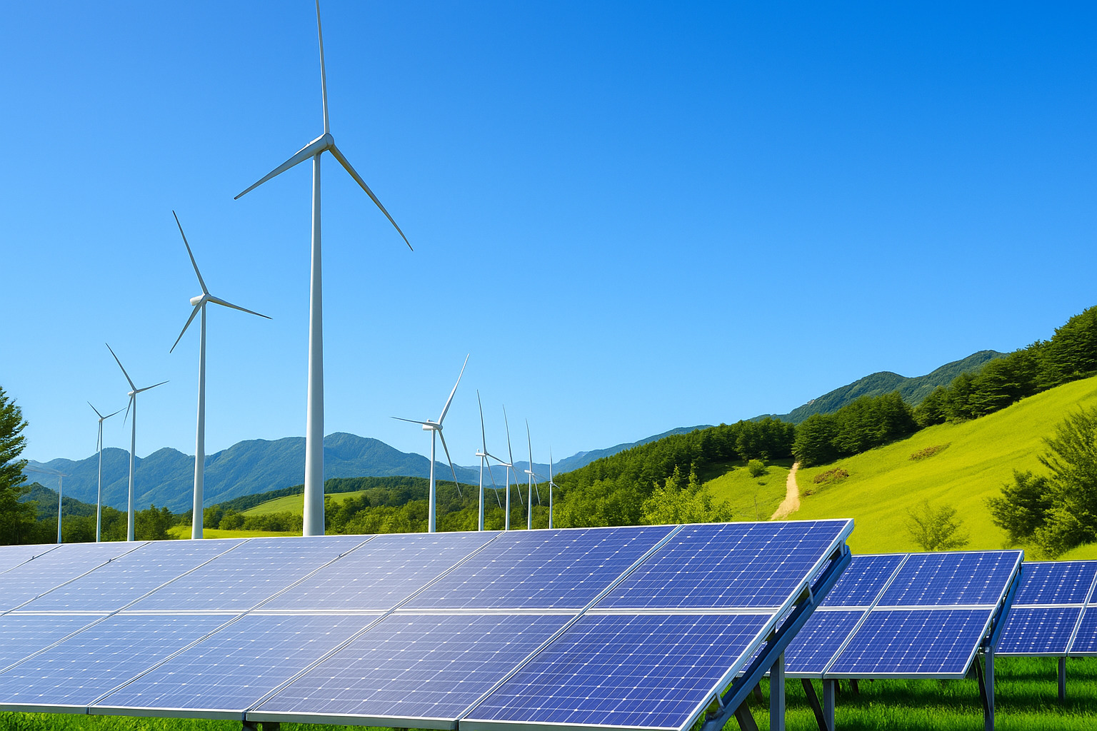 Residência sustentável com placas solares e vegetação abundante em um dia ensolarado.