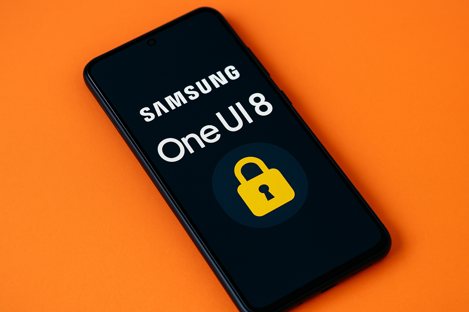 Smartphone Samsung exibindo a interface One UI 8 com ícone de cadeado em tela de bloqueio