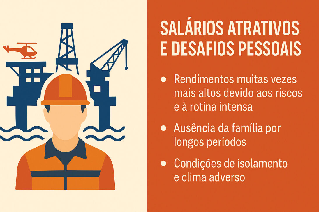 Infográfico digital ilustrando um trabalhador offshore com plataforma ao fundo e lista de vantagens e desafios da profissão.