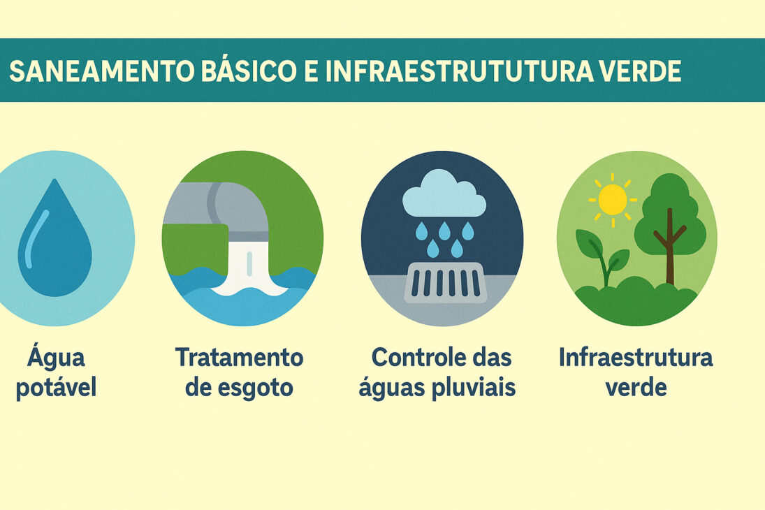 Infográfico ilustrando los principales elementos del saneamiento básico y de la infraestructura verde, con íconos representando agua potable, tratamiento de aguas residuales, control de aguas pluviales y áreas verdes urbanas.
