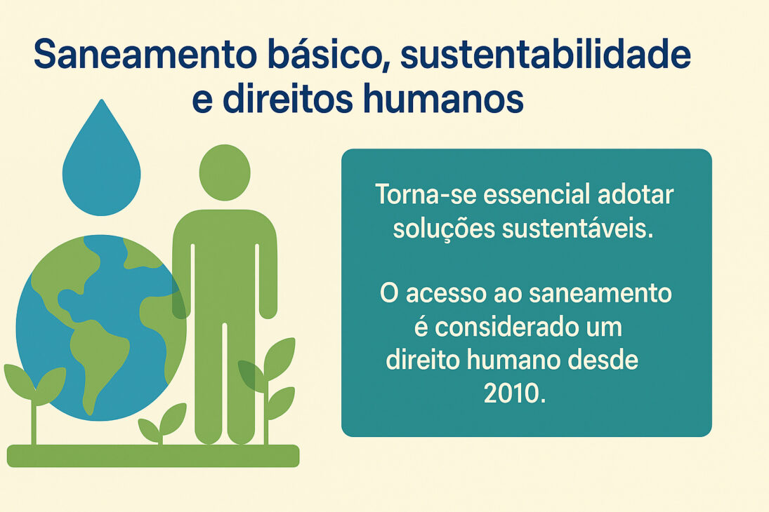 Infografía sobre saneamiento básico, sostenibilidad y derechos humanos, con íconos de una persona, planeta, plantas y una gota de agua al lado de texto informativo.