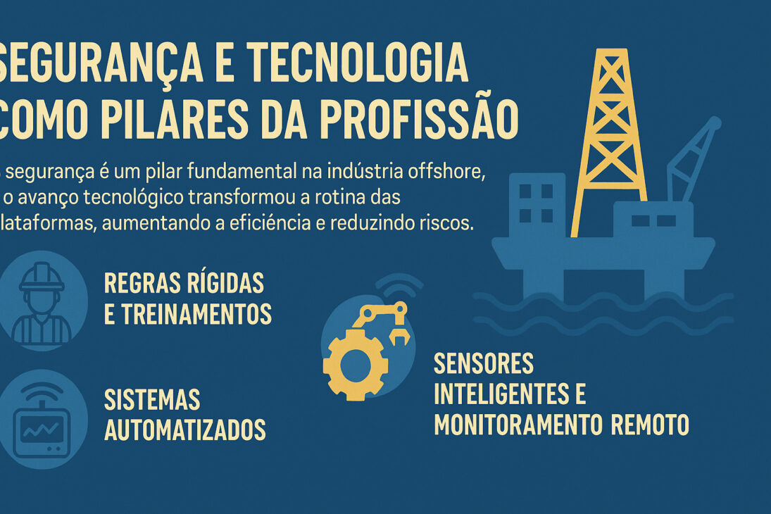 Infográfico ilustrando os pilares da segurança e tecnologia na indústria offshore, com destaque para regras rígidas, sistemas automatizados e sensores inteligentes.