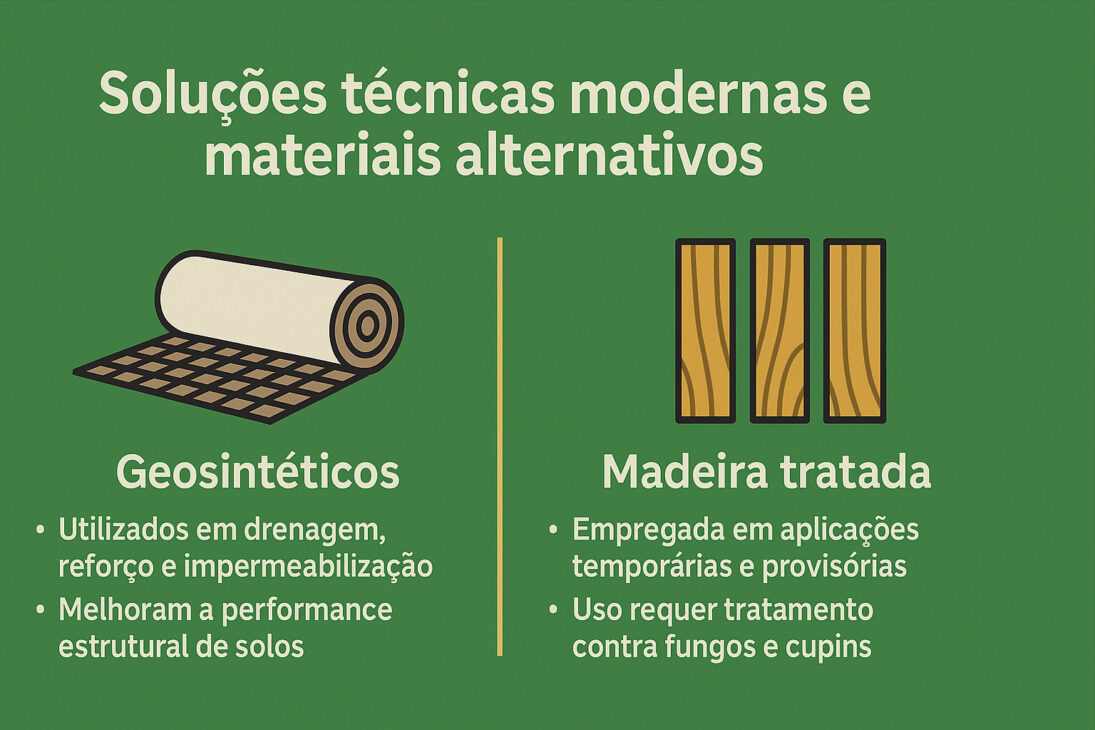 Infografía comparando geosintéticos y madera tratada en soluciones técnicas modernas para construcción pesada, con íconos representativos y tópicos informativos.