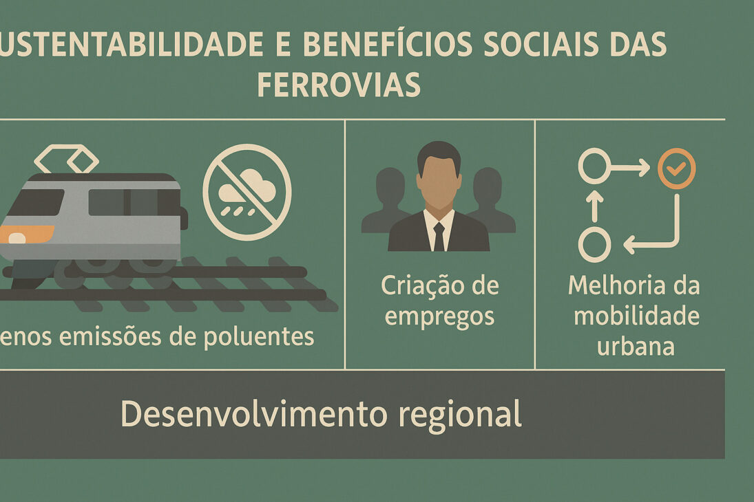 Infográfico sobre sostenibilidad y beneficios sociales de los ferrocarriles, destacando reducción de emisiones, creación de empleos, mejora de la movilidad urbana y desarrollo regional.