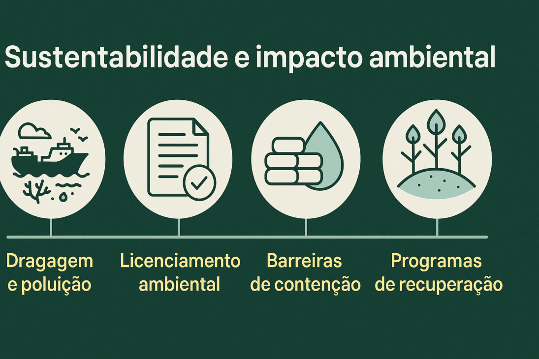 Infografía con fondo verde oscuro ilustrando aspectos de sostenibilidad e impacto ambiental en la construcción de puertos, con íconos representando dragado, licenciamiento, barreras de contención y programas de recuperación.