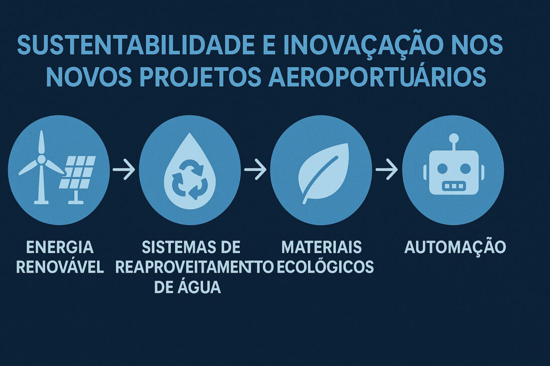 Infografía ilustrando prácticas sostenibles e innovaciones en proyectos aeroportuarios: energía renovable, reaprovechamiento de agua, materiales ecológicos y automatización.