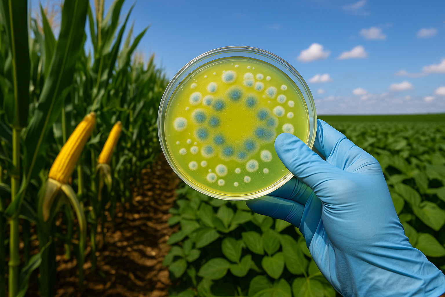 Placa de Petri com bactérias antifúngicas em lavoura de milho e soja