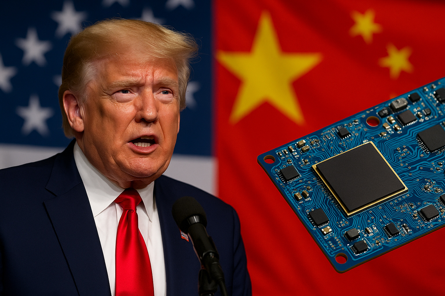 Donald Trump em pronunciamento com bandeiras dos EUA e China ao fundo e chip eletrônico em destaque representando acordo comercial e exportações de tecnologia.