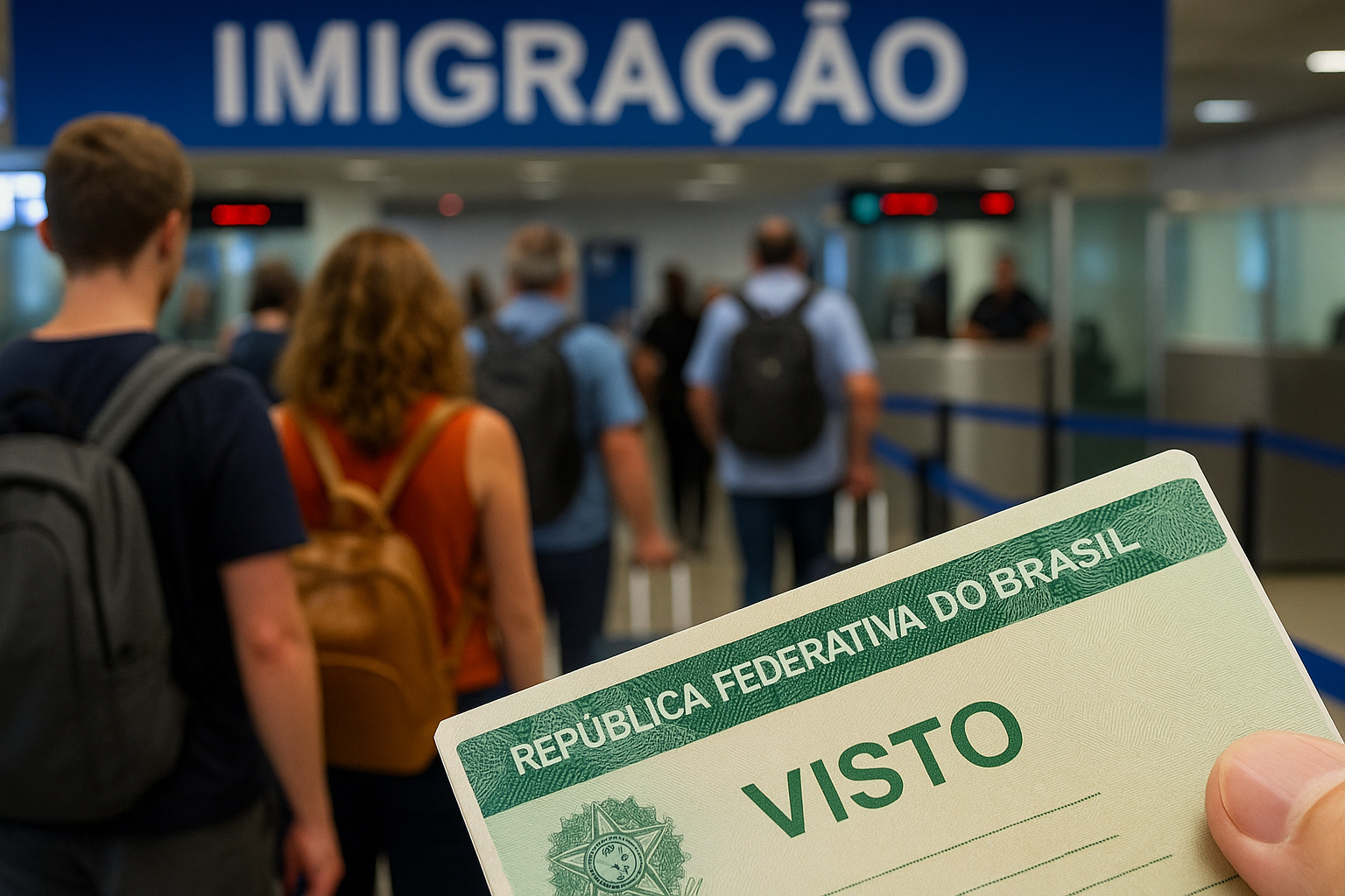 Fila de turistas na imigração brasileira com visto em destaque