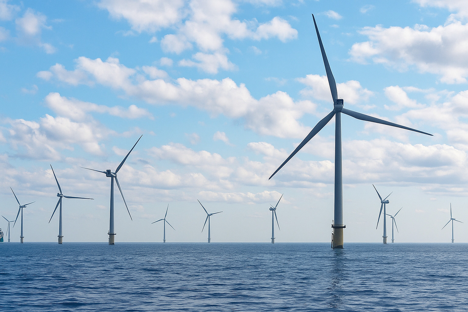 Parque eólico offshore com turbinas eólicas no mar sob céu azul com nuvens.